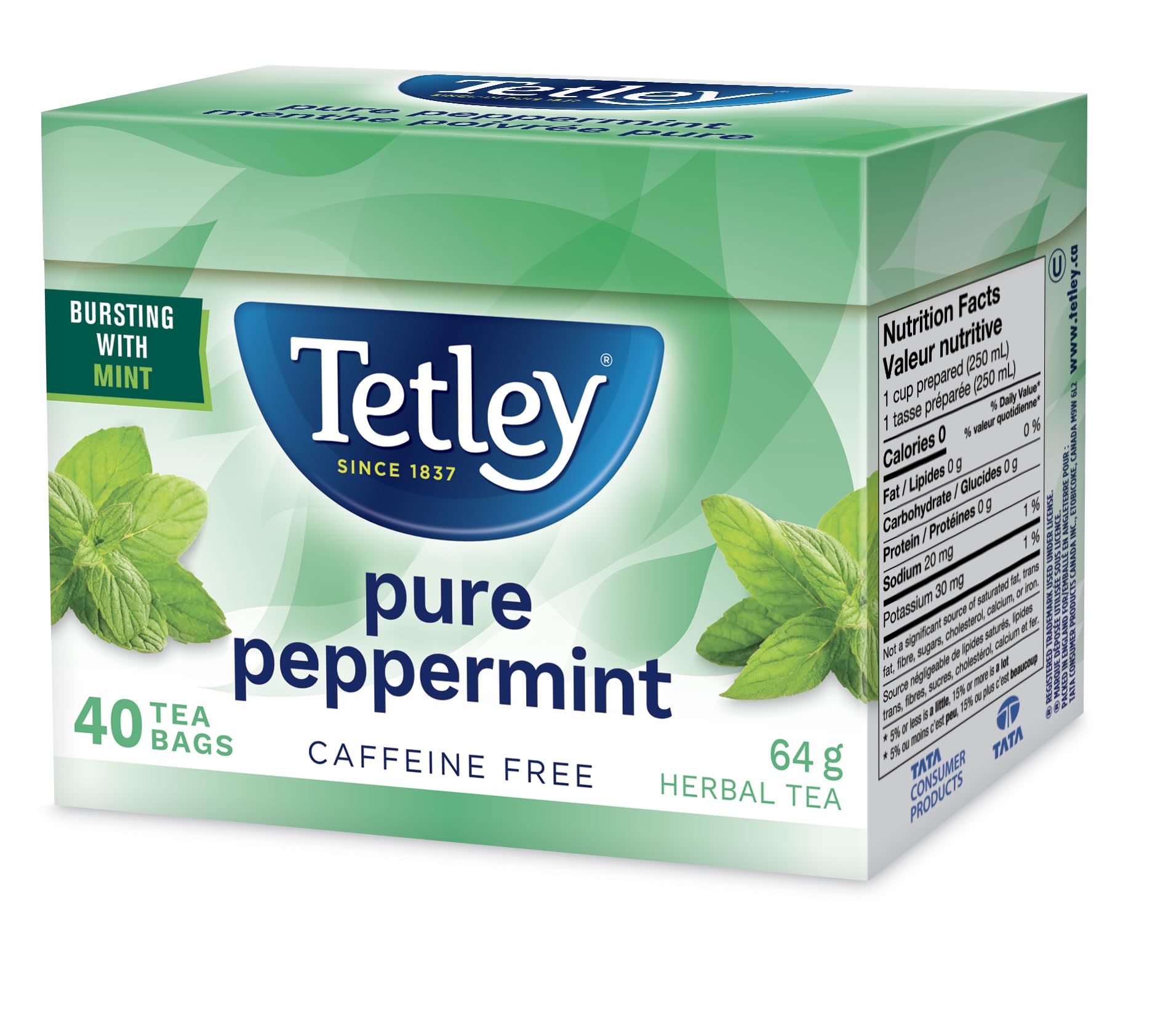 mint tea　1225 Tetley Pure Peppermint Caffeine-Free Herbal Tea 40 Bags